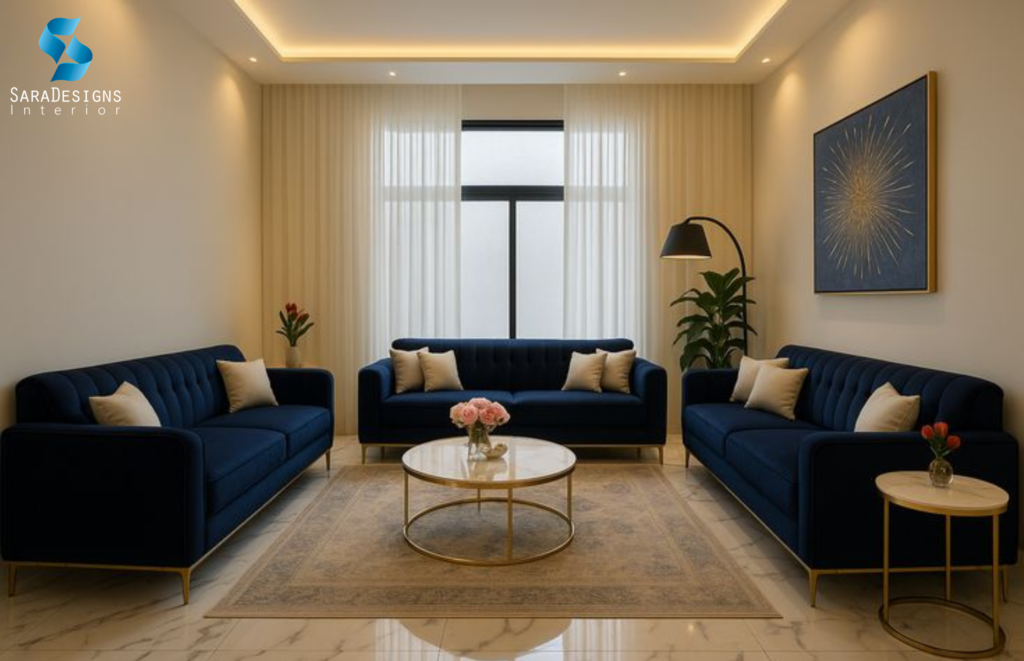 Blus and gold combination interior design for Living Room