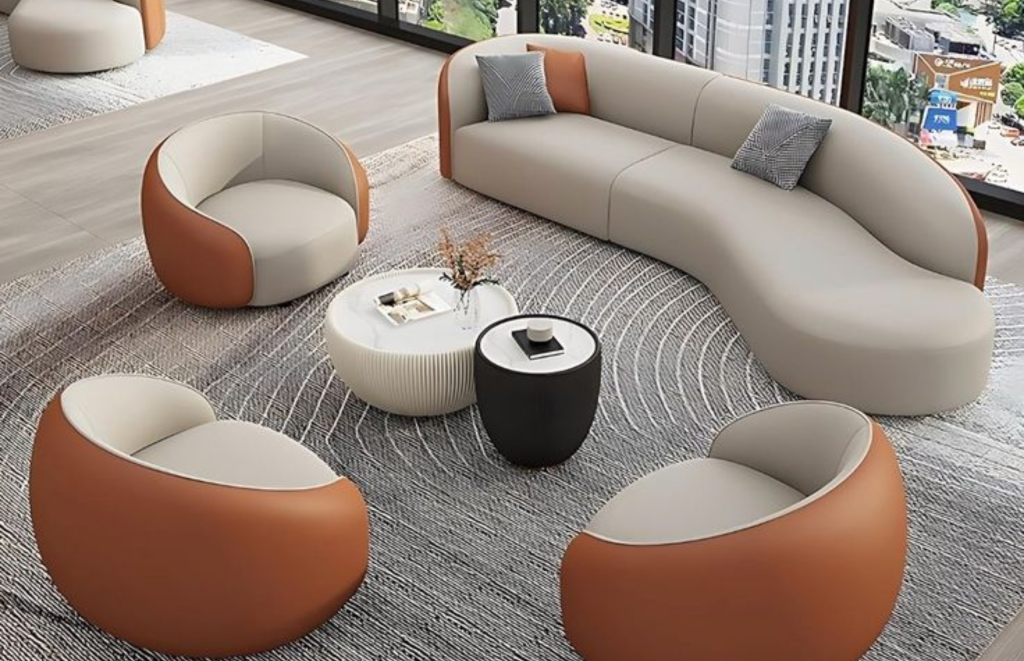 Living Room with curved chaise launge in white