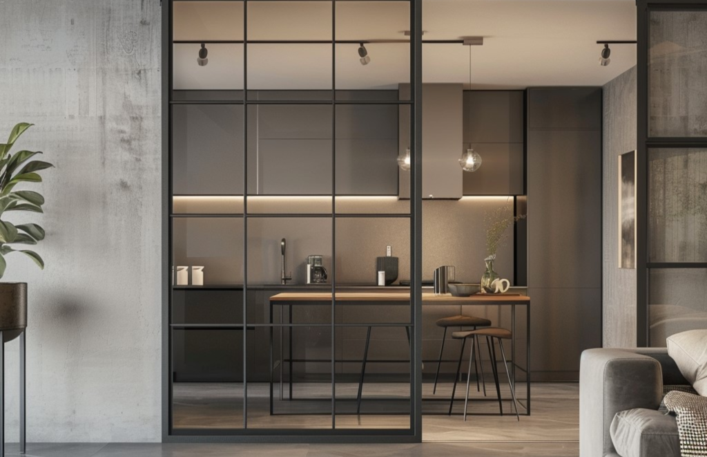 Space saving Kitchen Sliding Door with Glass Panel
