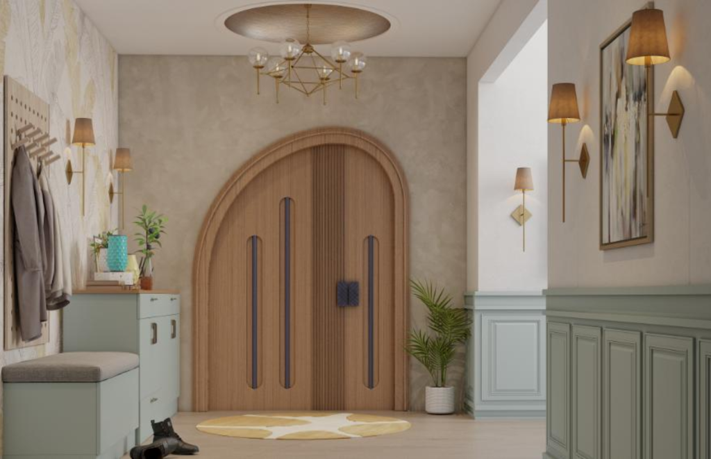 Asymmetrical Arch Wooden Main Door Design