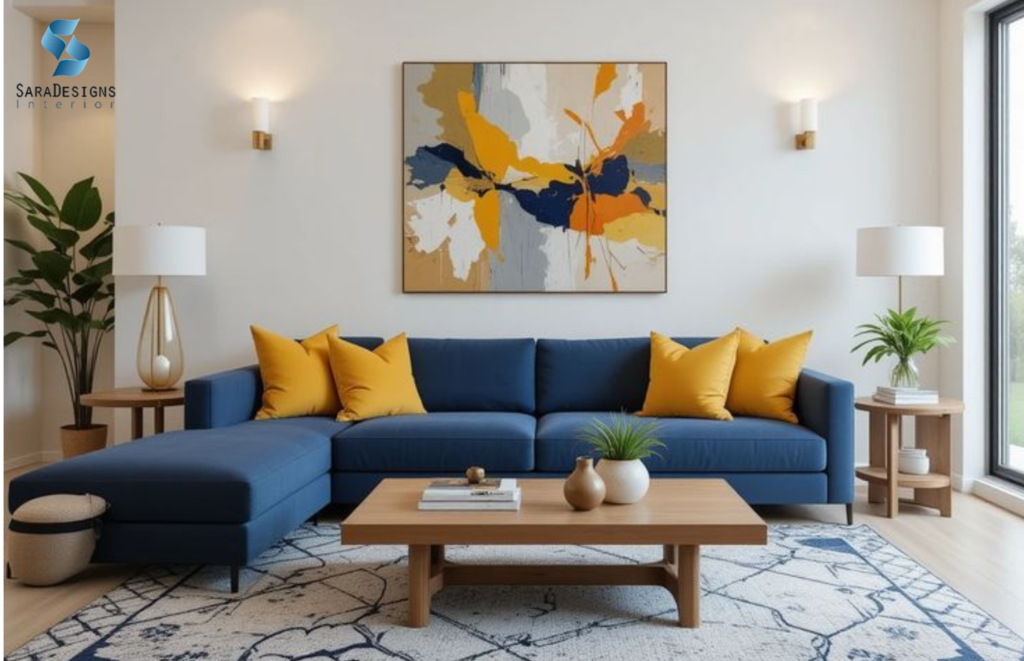 Blue Sofa designs in Nuetral Living Room