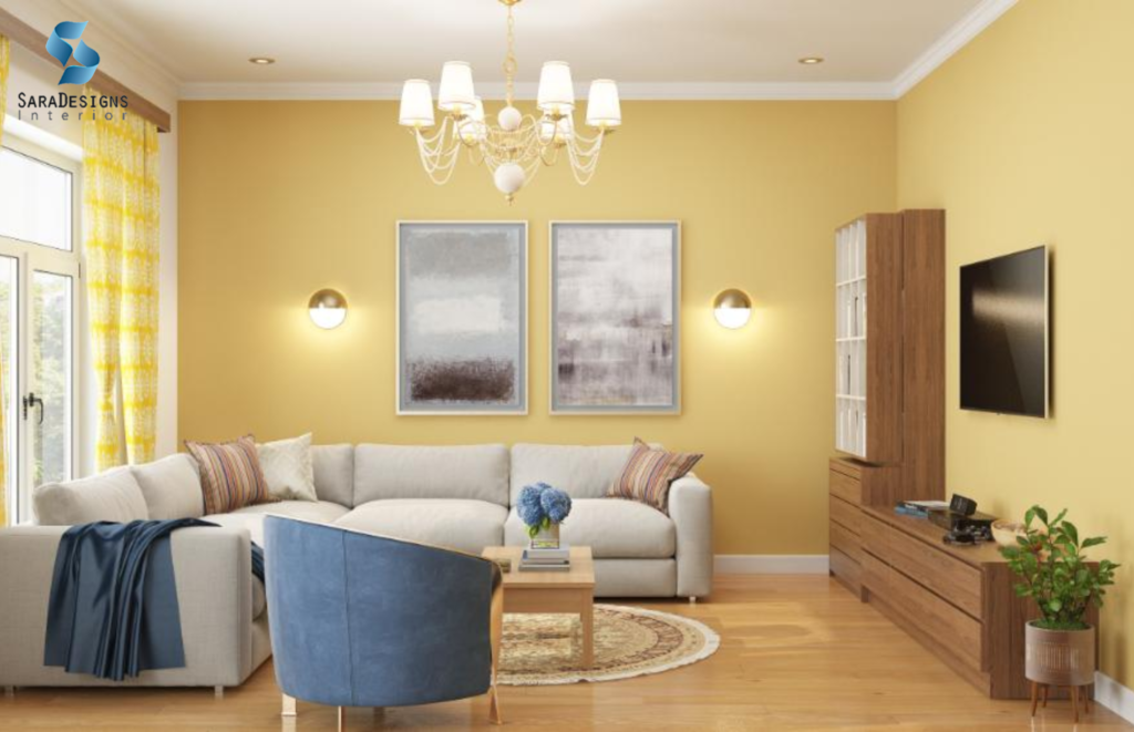 Living Room with yellow wall , neutral sofa and blue chair in a calming colour palette