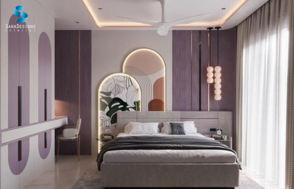 Lavender Wall colour with grey bed for Bedroom Interior design