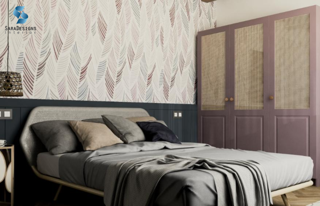 Mauve wall designs, mauve wardrobe with Grey Bed for Bedroom Interior designs