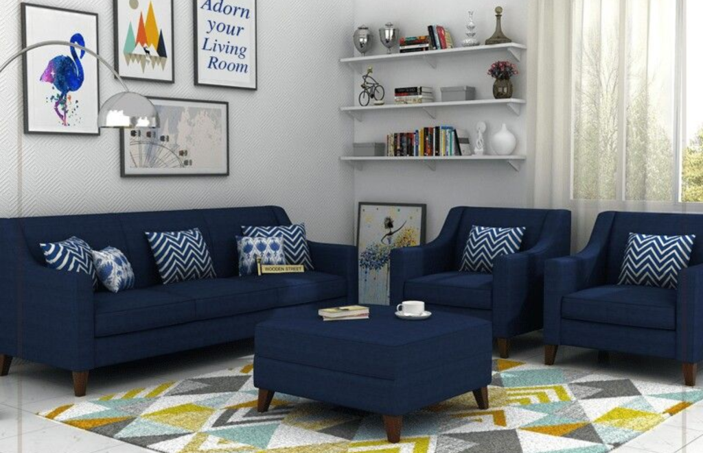 Grey wall and Blue sofa design for Living room