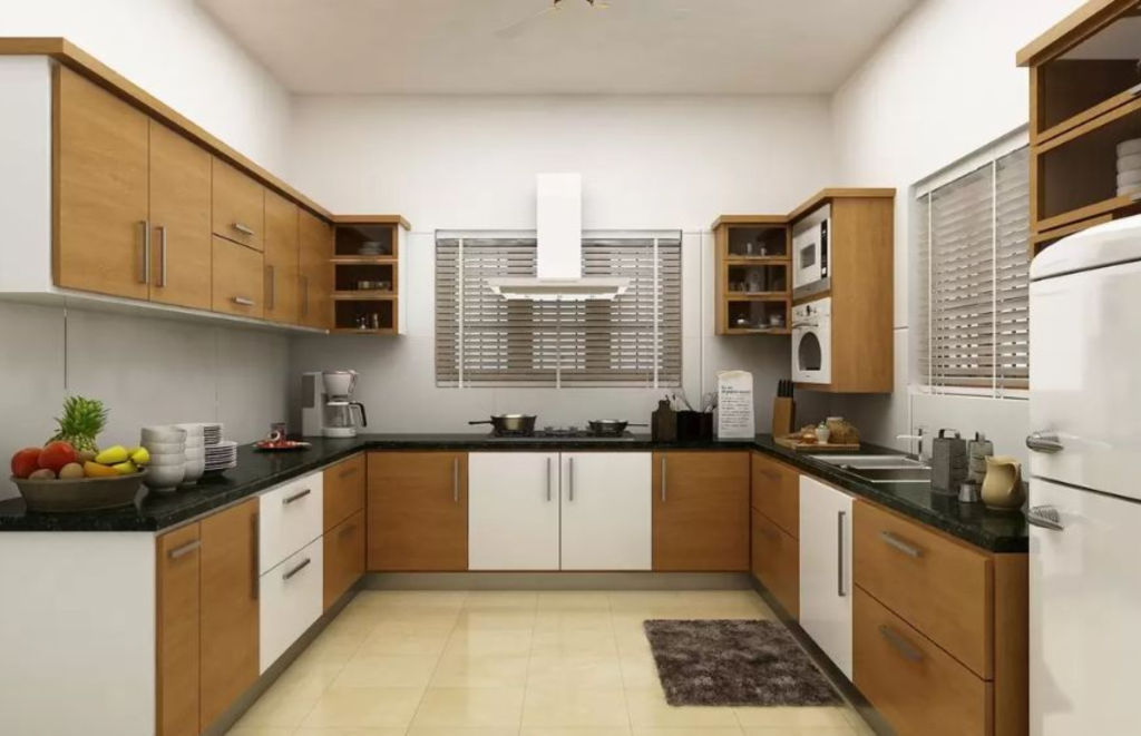U shaped Kitchen Interior designs with white and wooden cabinets
