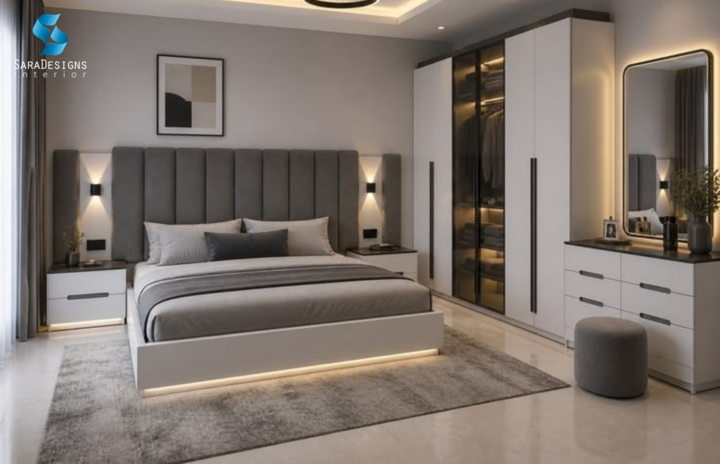 Dressing Unit designs in Grey Colour in front of Bed