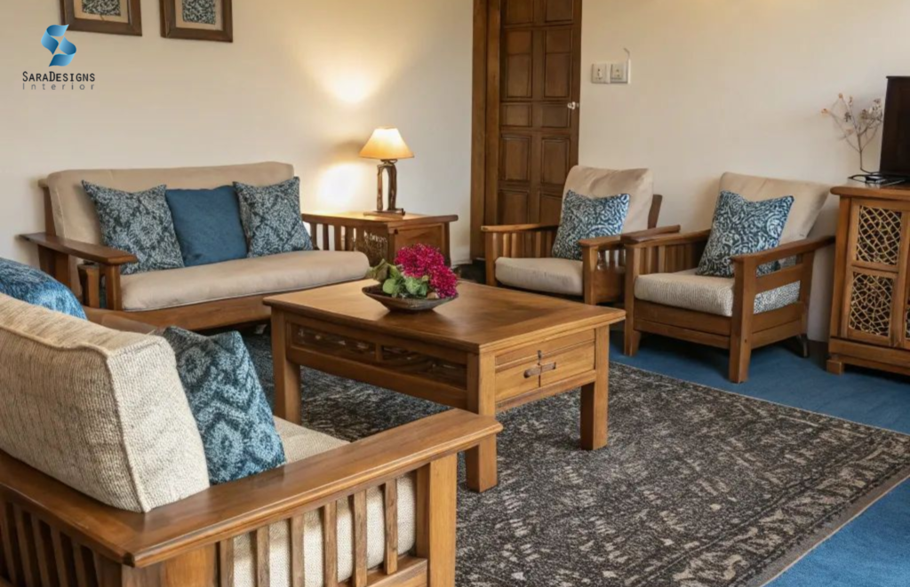 Wooden Furntire in Living room with Blue cushions