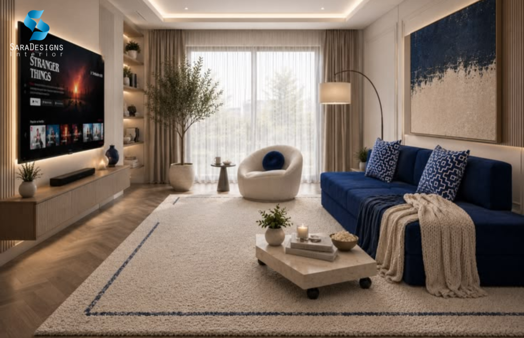 Living Room In beige with Blue Sofa which balance Natural Light
