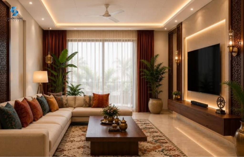 Living Room Interior Designs with L shape sofa and some decor Plants