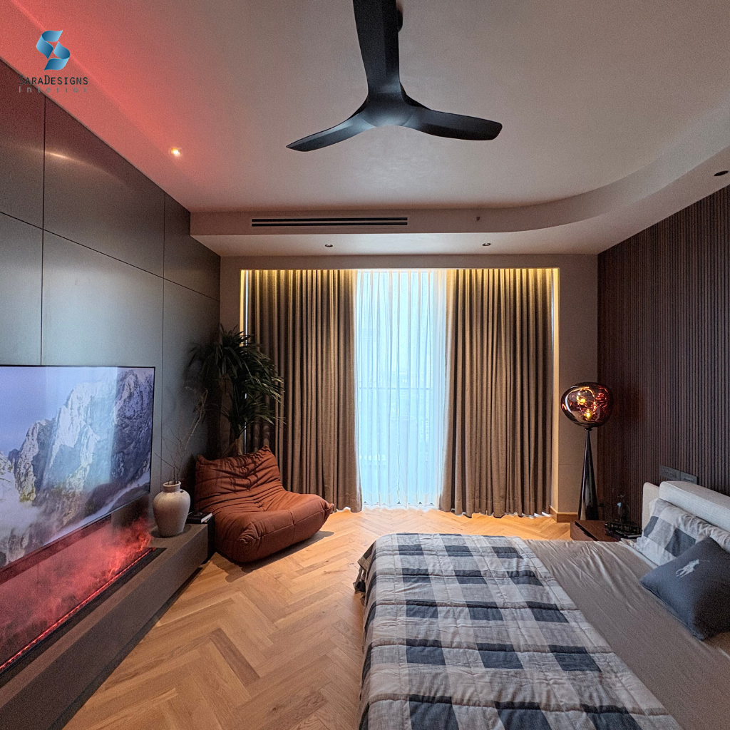Master Bedroom Interior Design with Standing Lamp and low height sofa at Trump Tower, Gurgaon