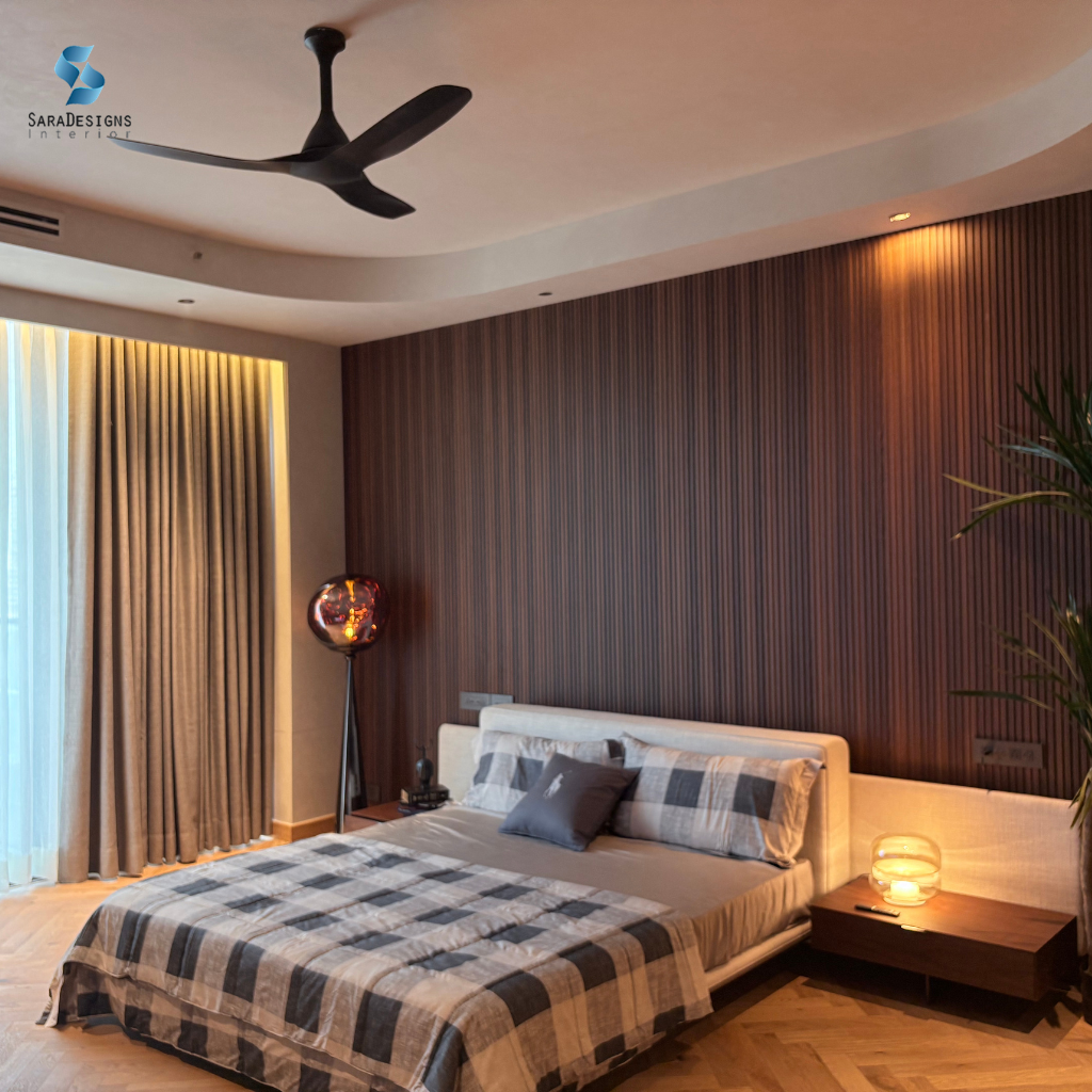 Low Height Bed Designs with louvers Panelling at Master Bedroom at Trump Tower Gurgaon