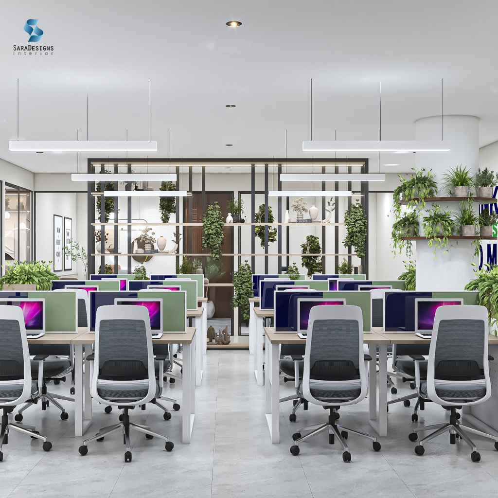 Office interior design with open workstations and greenery in Gurgaon.